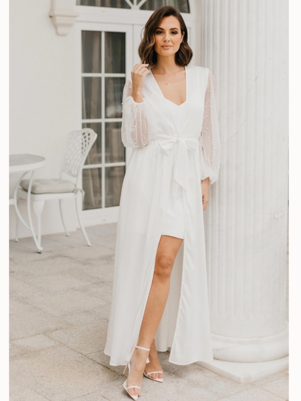 Le Rose Stories Sophia Hand Beaded Pearl Sleeve Maxi Robe-Included Slip